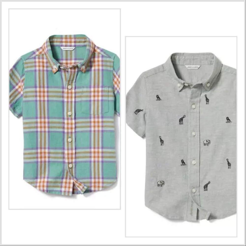 Janie And Jack 2 Shirts Linen Blend Boy Size 6 Plaid/zoo Animals‎ Preppy School